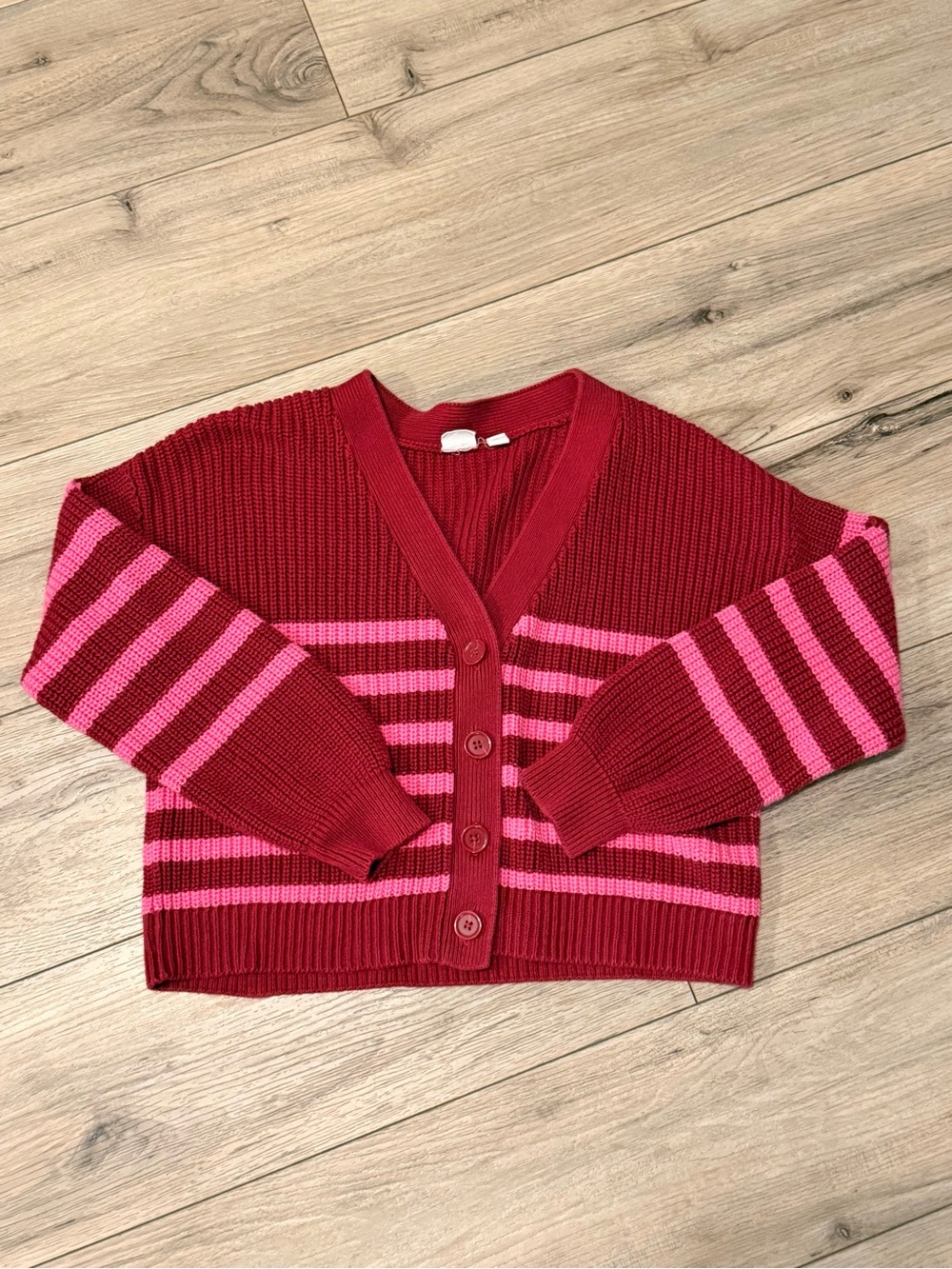 GAP Red and Pink Striped V-Neck Button Cardigan